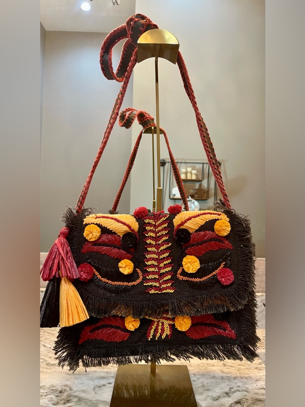 Ibban Boho Embroidered Fringe Crossbody Bag NWT- Black with Red & Yellow Accents
